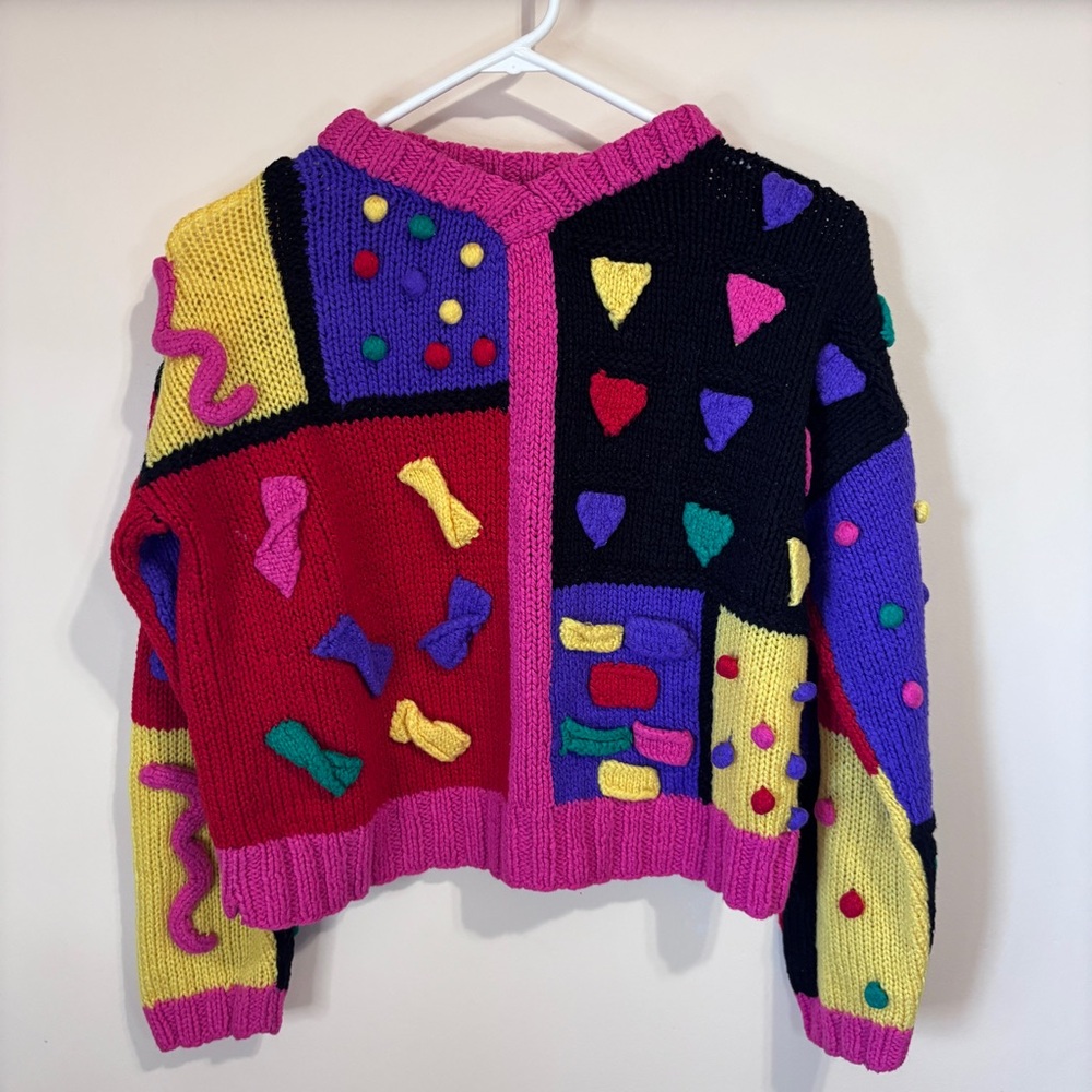Vintage Eaton Kids Small Knit Sweater (7/8) Colorbock Pom poms 90s Funky Shirt